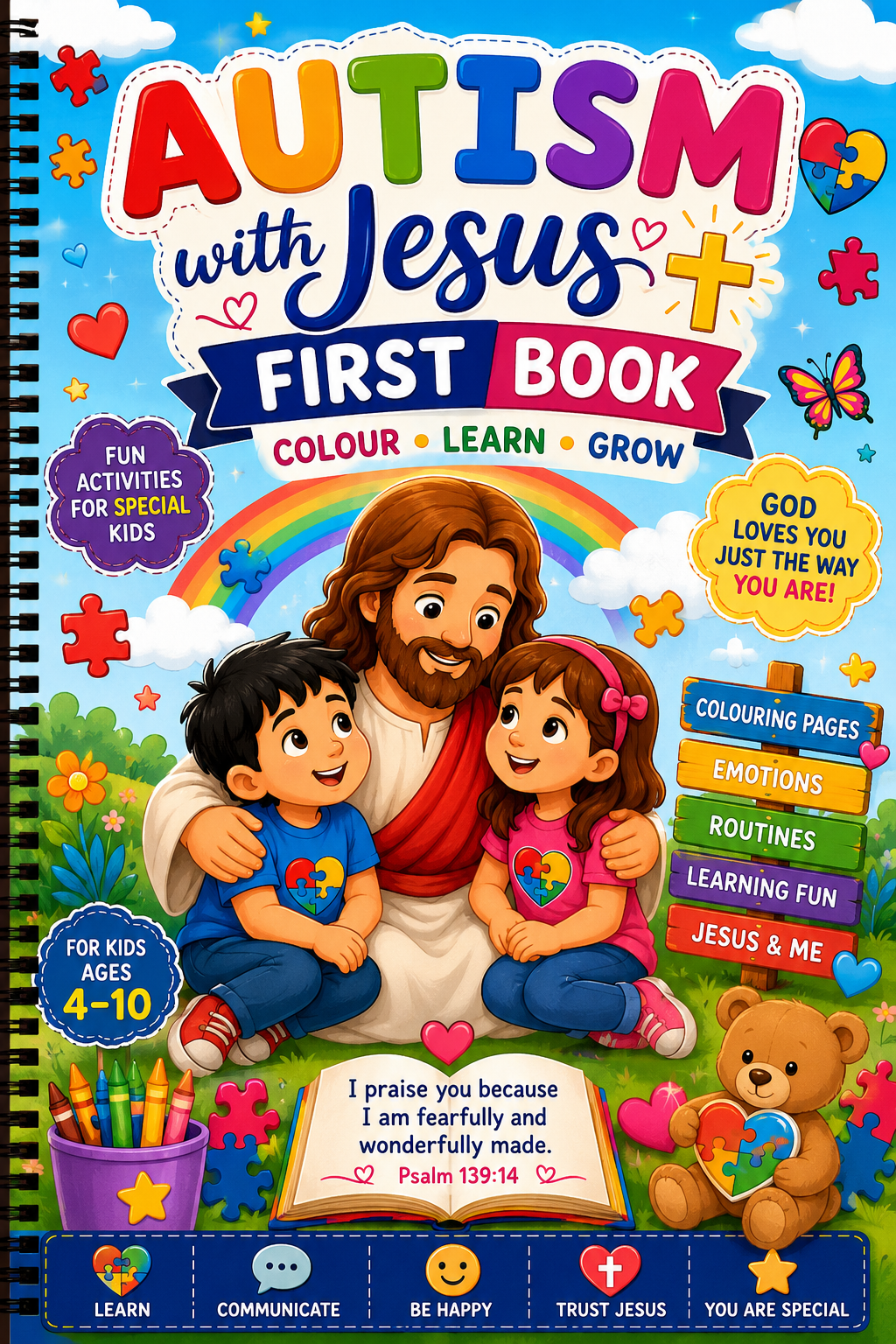 Learning with Jesus – Christian Autism Printable Activity Page | PNG Digital Download: This book helps children:

* 🌈 Develop fine motor skills through colouring and activities.
* 💬 Encourage communication and language development.
* 🧩 Improve focus.
