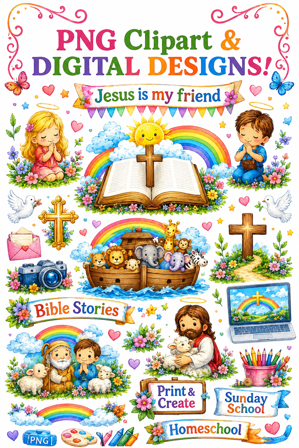 15 + 1 NOA Arte + 2 Clipart Free. Christian Kids Watercolor Clipart Bundle | PNG Clipart & Digital Designs | Bible Stories | Sunday School | Homeschool | Printable