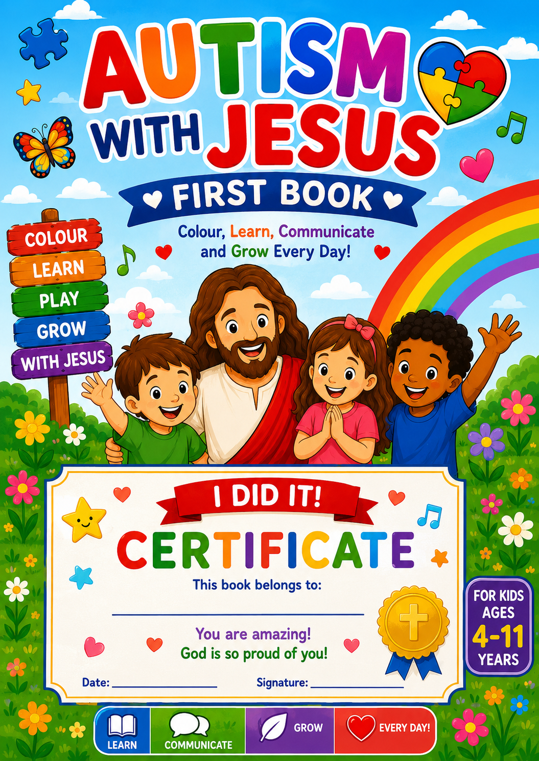 Learning with Jesus – Christian Autism Printable Activity Page | PNG Digital Download: This book helps children:

* 🌈 Develop fine motor skills through colouring and activities.
* 💬 Encourage communication and language development.
* 🧩 Improve focus.