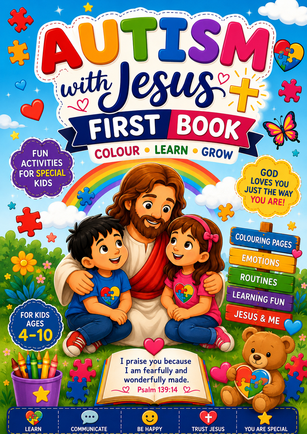 Learning with Jesus – Christian Autism Printable Activity Page | PNG Digital Download: This book helps children:

* 🌈 Develop fine motor skills through colouring and activities.
* 💬 Encourage communication and language development.
* 🧩 Improve focus.